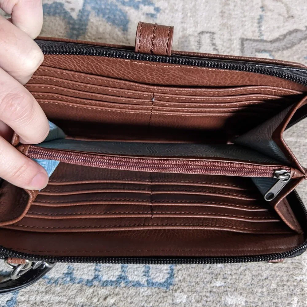 The Sak Wallet Purse in Textured Black Leather‎ with Brown Detailing